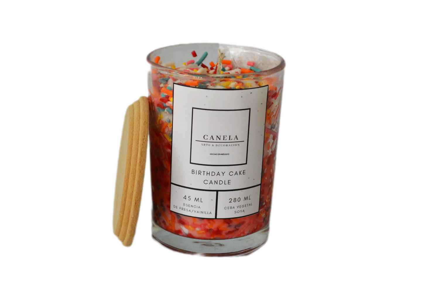 Vela Birthday Cake de 280 ml en Cristal con Esencia de Fresa-Vainilla – Tapa de Madera y Caja de Regalo